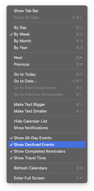 Calendar App View Menu Settings