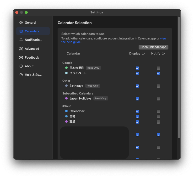 Settings Calendar Tab