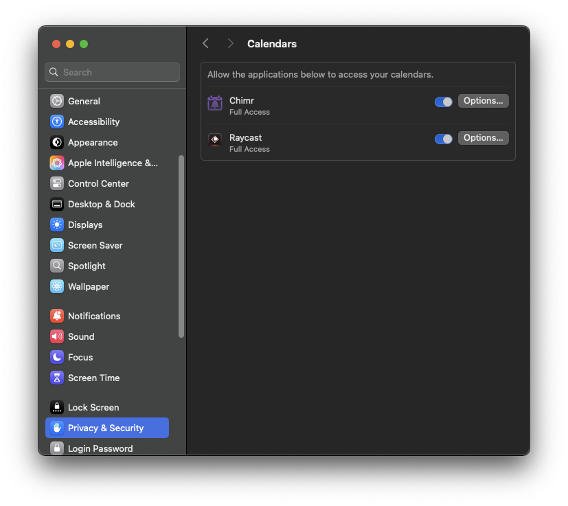 System Settings Privacy & Security - Calendar Access